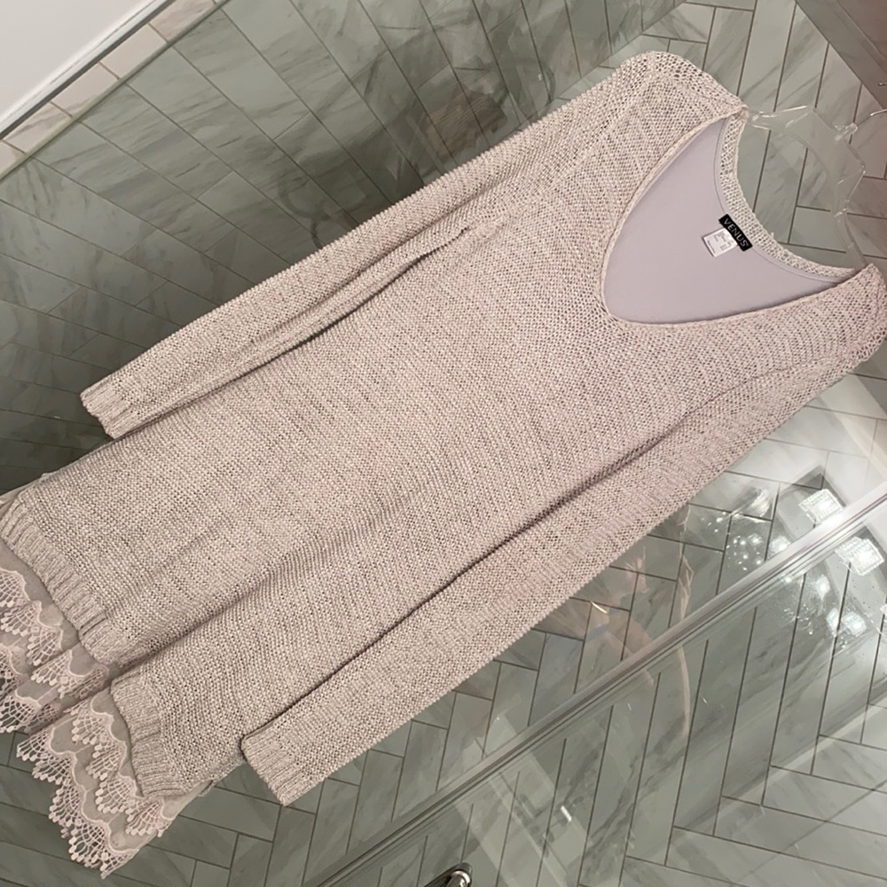 Light gray sweater dress with lace detail